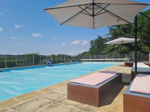 una piscina con sombrilla, mesa y bancos en Le Domaine du Crescent, en Chezelles 18 fotos más