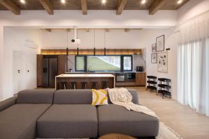 a living room with a couch and a kitchen at ArkWood Colibita in Colibiţa