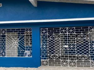 a blue wall with two glass doors with graffiti at White Room Sparks in Spanish Town