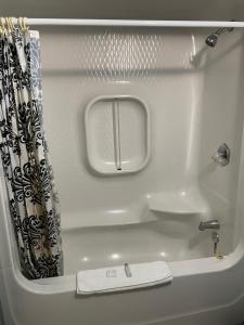a white bath tub with a sink and a shower curtain at Earlton Motel in Earlton