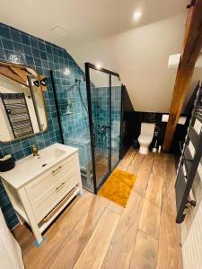Un baño con ducha, lavabo e inodoro. en Maison Henriette, en Léré