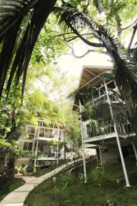 a house with a palm tree next to a building at marAmar Bungalows by STH in Santa Teresa Beach