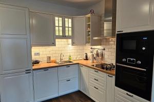a kitchen with white cabinets and a black appliance at Apartments with a parking space Brdovec, Prigorje - 22481 in Prigorje Brdovečko
