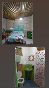 two pictures of a bedroom with a bed and a bathroom at Hotel y Estadero Los Colores in Pajarito