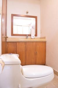 ein Badezimmer mit Toilette, Waschbecken und Spiegel in der Unterkunft Casa Blue El place ideal for tu descanso in Puebla