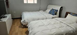 Tongduch'ŏnSusupark的一间小房间里有两张床，一张床和一张床