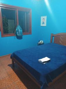a blue bedroom with a bed with a backpack on it at Recanto verde quarto2 in Alegrete