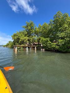 a boat in the water with trees and a bridge at Villa Libel'ulle in Le Robert +7 photos