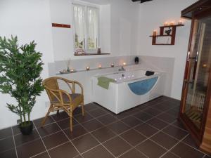 a bathroom with a tub and a chair and a plant at Chambre d hôtes Domaine Des Patrus in LʼÉpine-aux-Bois