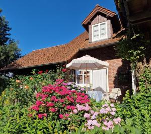 a house with a garden with flowers and an umbrella at Kleine Auszeit in Detmold