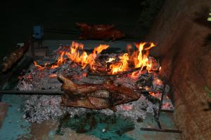 a fire oven with meat cooking in it at Hotel Spartivento in Chia