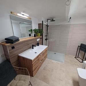 a bathroom with a sink and a mirror at Ferienhaus "An der Kleinen Spree" in Malschwitz +20 photos