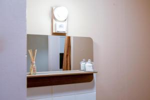 a bathroom with a mirror and a shelf at Le Jaude, T2 rénové Centre ville I WIFI Confort et cosy in Clermont-Ferrand