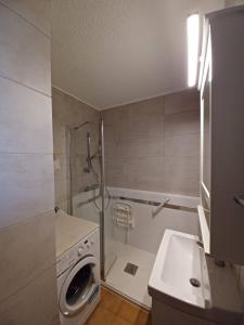 a bathroom with a washing machine and a sink at Sous le tilleul in Gréoux-les-Bains