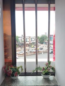 Tres plantas en macetas colocadas sobre un mostrador frente a una ventana. en Hotel Sarovar Inn, en Ahmedabad 13 fotos más
