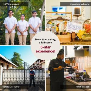 a collage of photos of a man preparing food at Alaya Stays Rose 3BHK Cottage Fenced by Hills with Fireplace in Bhowāli