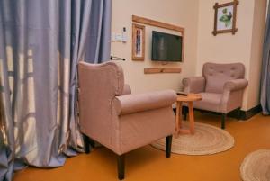 ein Wohnzimmer mit Sessel und Fernseher in der Unterkunft orlando cottages in Arusha