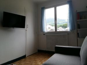 ein Wohnzimmer mit Flachbildfernseher und Fenster in der Unterkunft Vue sur montagne in Bagnères-de-Bigorre + 1 Foto