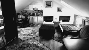 a living room with two beds and a kitchen at Rezydencja Rosa in Przemyśl +16 photos