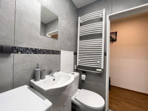 a bathroom with a white toilet and a sink at IG Apartments in Karmėlava +3 photos