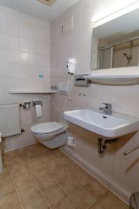 une salle de bain avec un lavabo, des toilettes et un miroir dans l'établissement Waldhotel Geländer, à Schernfeld 23 autres photos