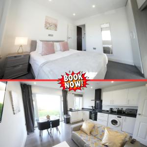 ロンドンにあるHatton apartments HEATHROW AIRPORT- FREE parking-Free underground to and from Heathrow Airport Hatton Cross SEE picture-SEE LONDON fast Hatton cross to central London 30minのベッドルーム1室(ベッド1台付)、リビングルーム(ソファ付)
