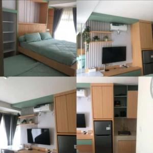four pictures of a bedroom with a bed and a television at Apartment pentapolis studio in Stalkudo +1 photo