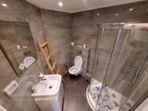 a bathroom with a shower and a toilet and a sink at Luxury marsa beach in La Marsa