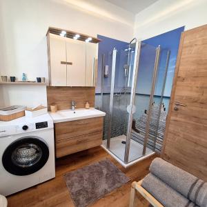a bathroom with a washing machine and a shower at Landhof Nebel in Sankt Andrä-Höch
