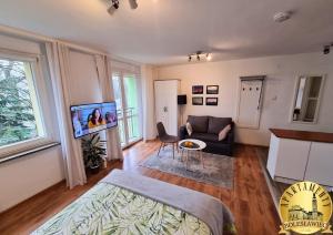 a living room with a couch and a tv at Apartamenty Bolesławiec Spółdzielcza Free parking in Bolesławiec