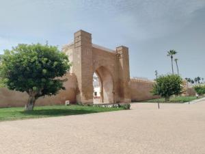 ein Backsteingebäude mit einem Baum davor in der Unterkunft Le Riad Marina de Sal et Mdina in Salé