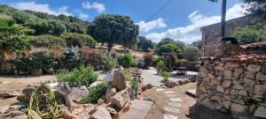 un giardino con rocce e un muro di pietra di Cottage bergerie en pierres avec jacuzzi en corse 6 personnes, 3 chambres a Coti-Chiavari