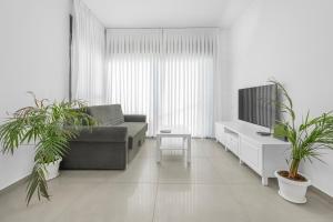 埃拉特Luxury Suite Apartment With Sea View #55 By Hashdera Eilat的带沙发和两株盆栽植物的客厅