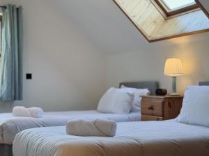 two beds in a room with a skylight at Stargazers Cottage in Doolin