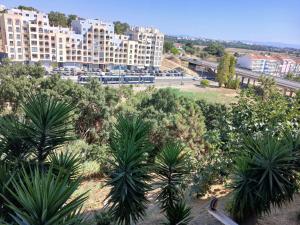 a row of palm trees in front of a large building at Superhost Stay Garden View Double Room near Lisbon and Beaches in Corroios