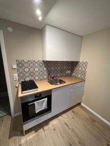 a small kitchen with a sink and a stove at Moon Monteur Apartment in Rodenbach