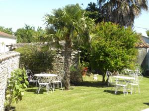 a group of tables and chairs in a yard with a palm tree at La Marie Galante Appart'Hotel in Saint-Georges-dʼOléron