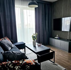 a living room with a couch and a tv at Apartament Wrocław Promenady in Wrocław