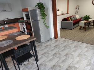 a kitchen and living room with a table and a refrigerator at Agréable T2 50m2 in Aubin
