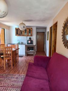 a living room with a purple couch and a kitchen at Cabaña valle de elqui horcon Encantó del pimiento in Horcon