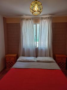 a bedroom with a bed with a red blanket and a window at Cabaña valle de elqui horcon Encantó del pimiento in Horcon