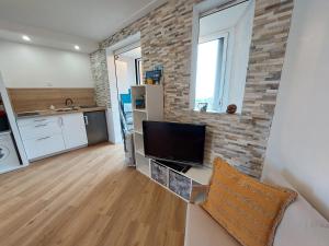 ein Wohnzimmer mit einem TV und einer Ziegelwand in der Unterkunft Confort en front de mer avec accès direct plage in Le Barcarès