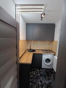 a small kitchen with a sink and a washing machine at Garsoniera luxury in Orăştie