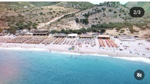 an aerial view of a beach with a crowd of people at Apartments Salai in Lukovë