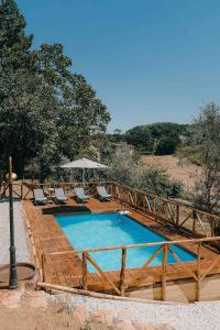 a swimming pool with chairs and a wooden bridge at Villa Bianca charming Tuscany house with pool in Lucca