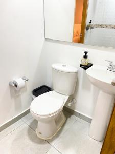a white bathroom with a toilet and a sink at Urban Oasis Med in Medellín +41 photos