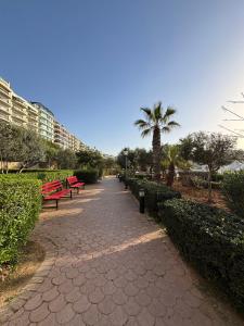 a walkway with benches and palm trees in a park at Sliema Penthouse 3 Ensuite Bedrooms Seaview - Zero55 in Sliema