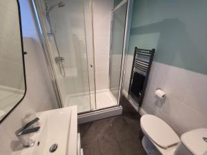 a bathroom with a shower and a toilet and a sink at 2 Belmont Court in Woolacombe +10 photos