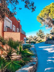 einem roten Backsteingebäude mit Palmen davor in der Unterkunft Casa Terra in Hontanar