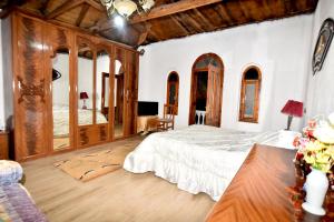 a bedroom with a large bed and a tv in it at Hidden Gem Villa in Guri i Zi